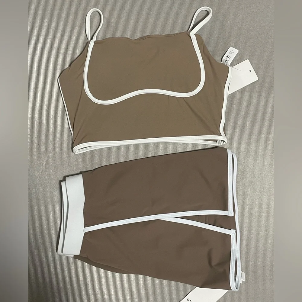 ALO Yoga Taupe Two-Piece Skirt Set with White Trim